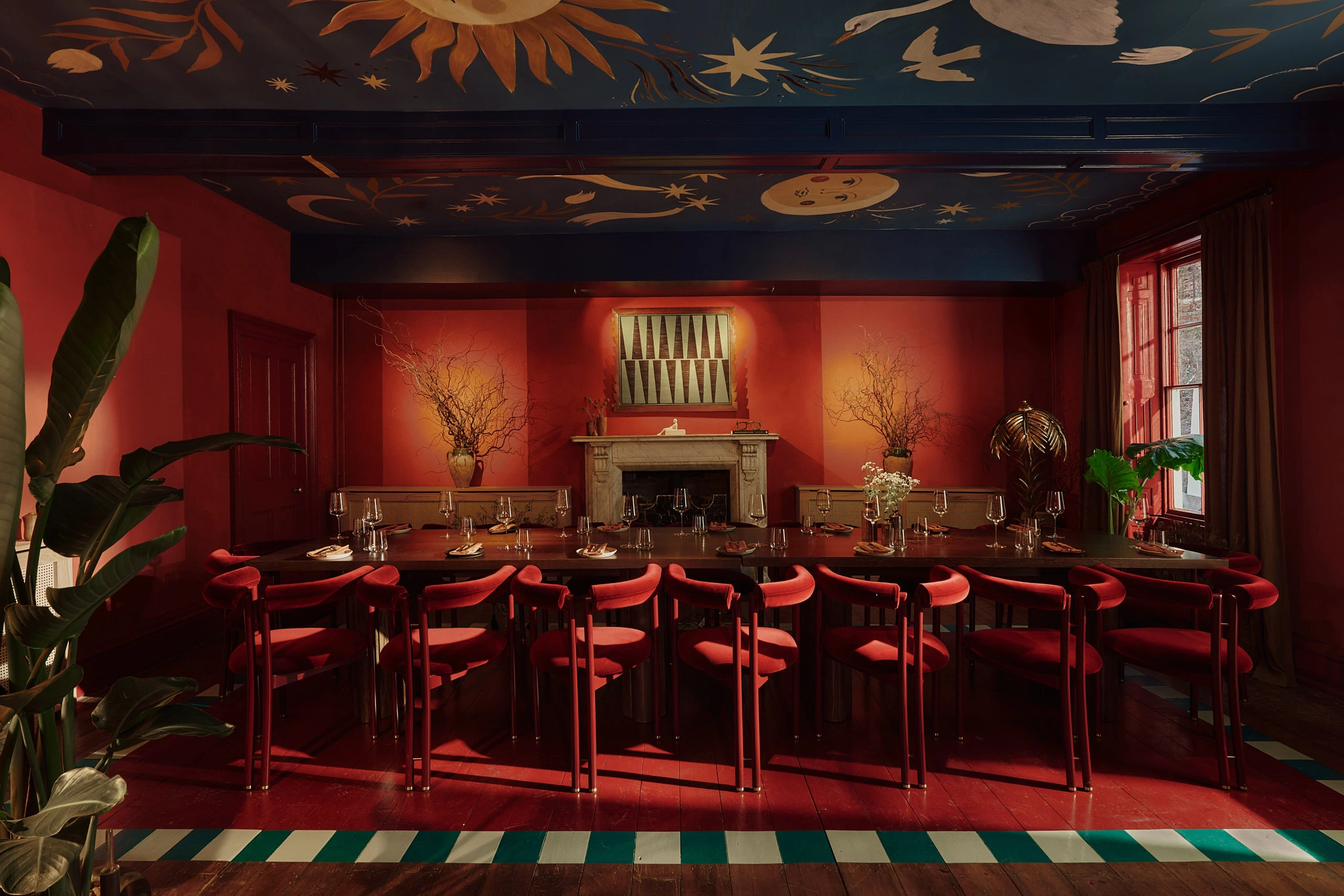 A private dining and events room at Crafted at Powdermills, set for a long-table group dinner